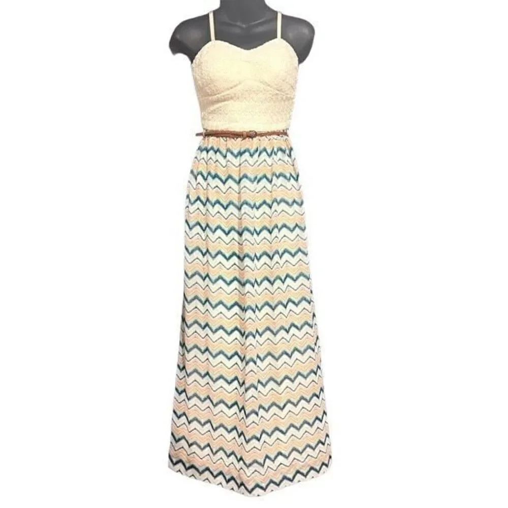 Lily Rose Cream Lace Zigzag Maxi Sun Dress w/ Belt Women’s XS